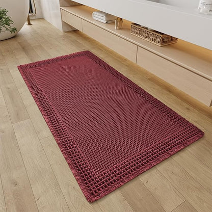 RESARE Waffle Bathroom Runner Rugs, Super Absorbent Bath Mat Non Slip Washable Quick Dry, Upgraded Ultra Soft Boho Bath Rugs with Tassels for Hallway Bedroom Laundry Room, 2'x4'(24"x48"), Dark Red