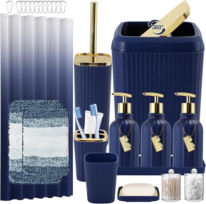 32PCS Bathroom Set Bathroom Sets with Shower Curtain and Rugs Navy Blue Bathroom Accessories,Shower Curtain Set,Bathroom Rug Set with Bathroom Trash Can