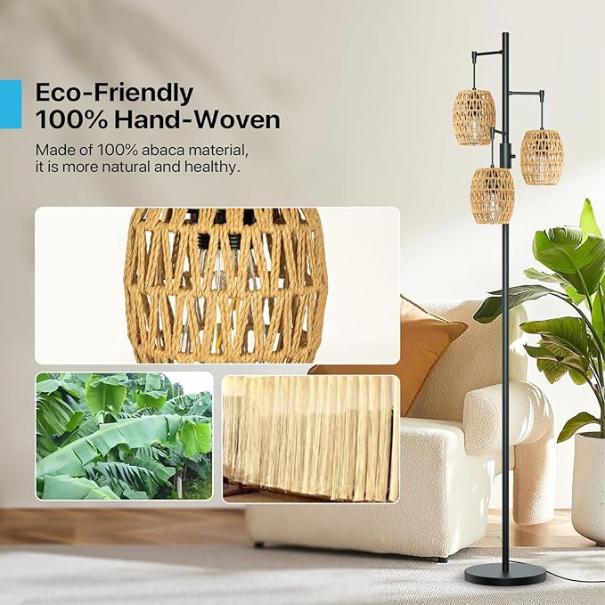 Boho Rattan Floor Lamp - Dimmable 70 Inch with Shades, Coastal 3 Light Bohemian Standing Lamp for Living Room Bedroom Office