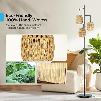 Boho Rattan Floor Lamp - Dimmable 70 Inch with Shades, Coastal 3 Light Bohemian Standing Lamp for Living Room Bedroom Office