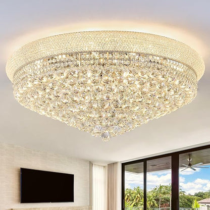 18-Light 32 inch Large Crystal Chandelier Flush Mount Ceiling Light Fixture for Living Room Dining Room Bedroom Foyer Entryway Chrome Finish