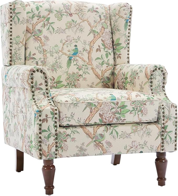 UIXE High Back Accent Chairs Set of 2, Fabric Upholstered Armchair for Living Room, Retro Printed Wingback Arm Chair Rivet Trimed Single Sofa Bedroom Reading Seat - Bird Floral