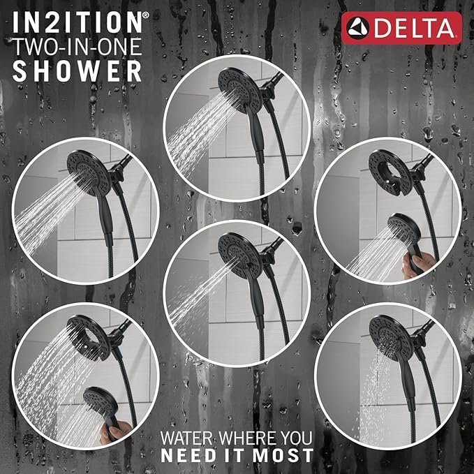 Delta Faucet Albion 14 Series Single-Handle Shower Faucet, Black/Gold Shower Trim Kit with In2ition 2-in-1 Dual Hand Held Shower Head, Matte Black/Champagne Bronze T142855-GZ-I (Valve Not Included)