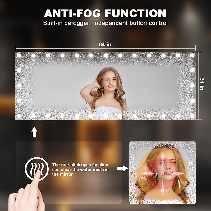 Hasipu LED Bathroom Mirror with Lights, 84" x 31" Hollywood Wall-Mounted Bathroom Mirror with 32 Dimmable Bulbs, 3 Colors Modes, Touch Control, Anti-Fog, Memory Function, Shatter-Proof, ETL Listed