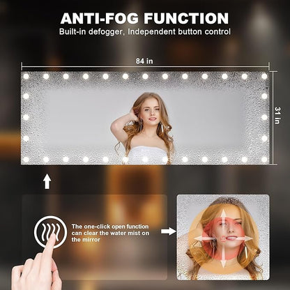 Hasipu LED Bathroom Mirror with Lights, 84" x 31" Hollywood Wall-Mounted Bathroom Mirror with 32 Dimmable Bulbs, 3 Colors Modes, Touch Control, Anti-Fog, Memory Function, Shatter-Proof, ETL Listed