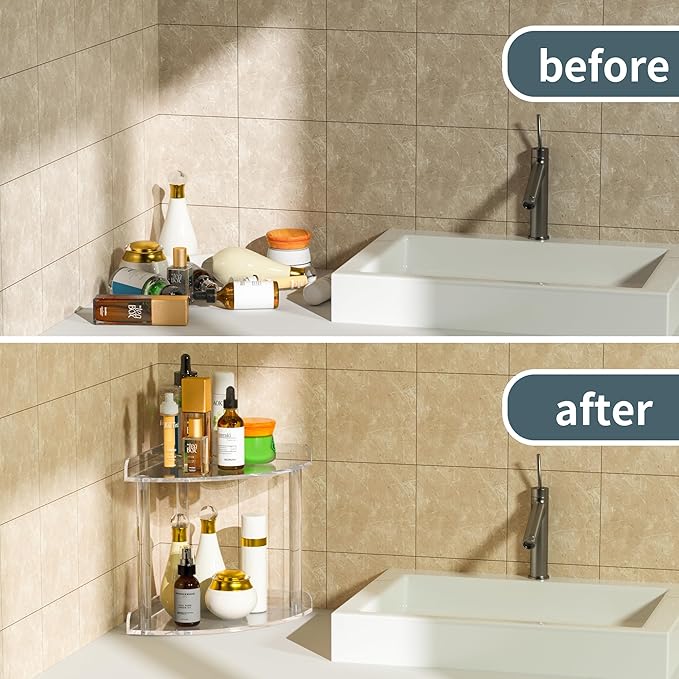 2 Tier Countertop Corner Organizer Shelf 7x7x8 Inch, Acrylic Bathroom Organizer Corner Shelf for Countertop, Clear Vanity Storage Organizer for Skincare, Cosmetics, Perfume