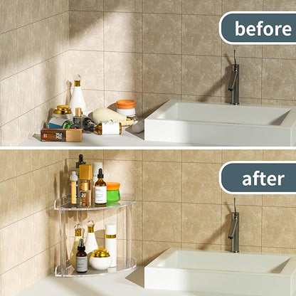 2 Tier Countertop Corner Organizer Shelf 7x7x8 Inch, Acrylic Bathroom Organizer Corner Shelf for Countertop, Clear Vanity Storage Organizer for Skincare, Cosmetics, Perfume