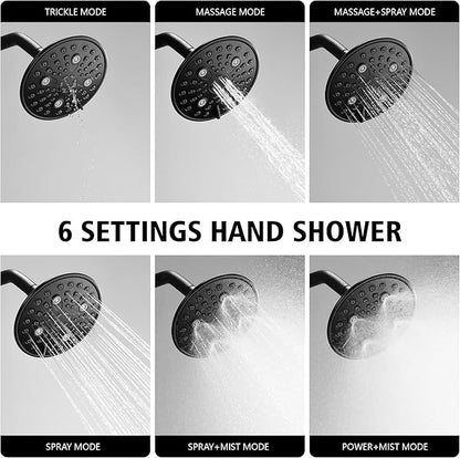 sumerain Modern Matte Black Tub and Shower Faucet Set with 6-Inch 6 Settings Rain Shower Head and Tub Spout, Valve Included