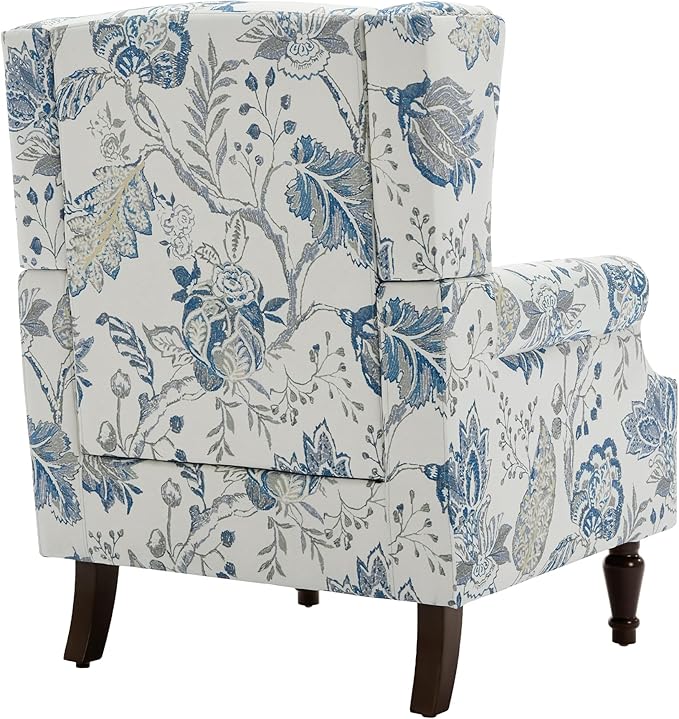 UIXE High Back Floral Accent Chair, Upholstered Armchair in Fabric, Retro Printed Wingback Arm Chair for Living Room, Nailhead Trim Single Sofa Bedroom Reading Seat - Plants Blue