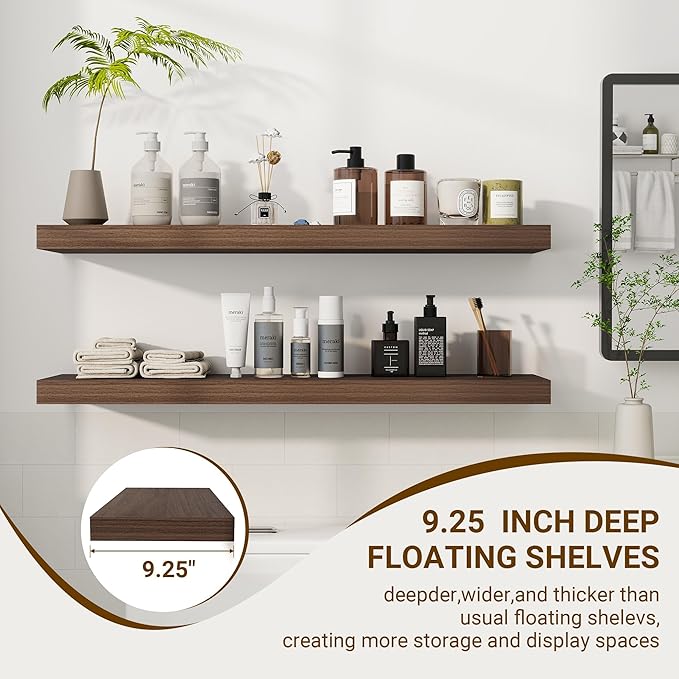 36 Inch Floating Shelves, 36"x9.25"x1.5" Inch Deep Floating Shelves for Wall, Wooden Shelves for Bathroom, Bedroom, Living Room, Walnut, 2 Pieces