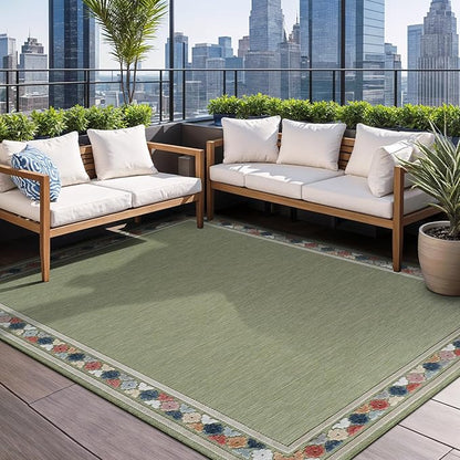 Beverly Rug Outdoor Rug 10x14 Modern Bordered Large Area Rugs for Indoor and Outdoor Patio Easy to Clean Non Shedding Living Room Porch Garden Washable Outside Carpet (10 x 14 Green)