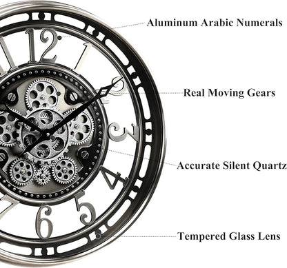CLXEAST 21 Inch Large Moving Gear Wall Clock,Industrial Steampunk Decor,Decorative Wall Clock for Modern Farmhouse Living Room Decor,Gunmetal Silver Finish