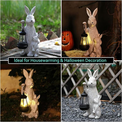 Solar Garden Statues Bunny Decor with LED Lights Home Decorations Outdoor Garden Rabbit Statue for Patio, Balcony, Yard, Lawn Ornament - Unique Housewarming Birthday Gifts for Women