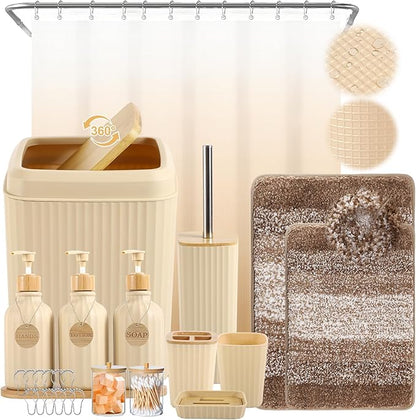32PCS Bathroom Sets with Shower Curtain and Rugs Beige Bathroom Accessories Set Shower Curtain Set 3PCS Lotion Soap Dispenser Bathroom Accessories with Black Bathroom Decor