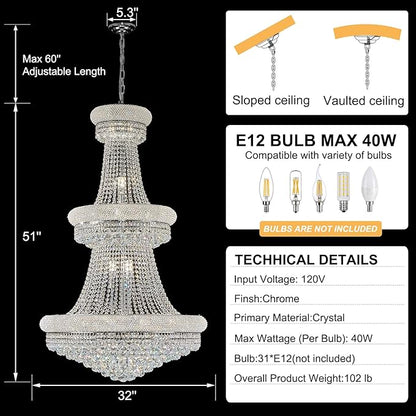 31 - Light Large Empire Crystal Chandelier for High Ceiling Foyer Entryway Staircase Living Room Dining Room Chrome Finish
