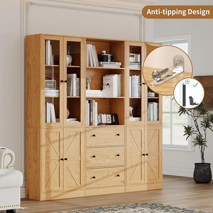 71" Tall Bookshelves Set of 3, 1 Bookcase with Drawers & 2 Bookshelves with Doors, Wooden Floor Standing Display Storage Shelves for Home Office, Living Room