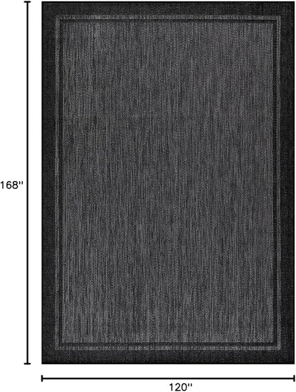 CAMILSON Indoor Outdoor Rug, 10x14 Bordered Dark Grey Black Modern Large Area Rugs for Indoor and Outdoor Patios, Kitchen and Hallway Mats, Washable Porch Deck Outside Carpet (Bordered Black, 10 x 14)