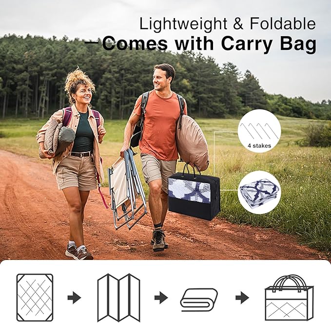 OLANLY Reversible Outdoor Rug 8x10 ft Clearance, Waterproof Outdoor Plastic Straw Rug with Interlacing Pattern, RV Mat for Patio, Camping, Balcony, Deck, Backyard, Navy & White