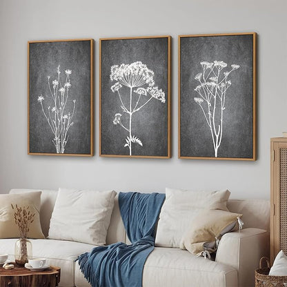 Tinonedraw Black and White Botanical Framed Canvas Wall Art Set, Vintage Floral Wall Decor, Dark Academia Minimalist Plant Art Paintings, Abstract Wildflower Art Print for Living Room Bedroom 16"x24"x3
