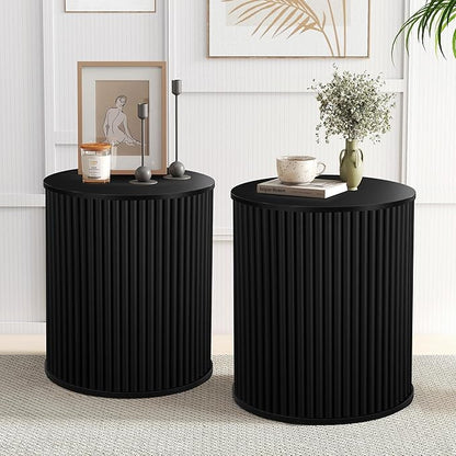 AVZEAR Small Round Side Table Fluted Night Stand Set of 2, Mid Century Modern End Table with Storage, Circle Bedside Tables Wood Nightstands for Small Spaces, Living Room, Bedroom (Black)
