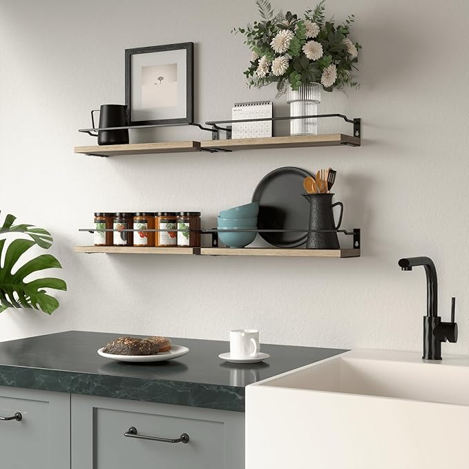 RICHER HOUSE 4-Piece Bathroom Paulownia Wood Shelves Set, Wall Mounted, Protected Guardrail, 20 lbs Weight Capacity - Carbonized Black