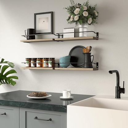 RICHER HOUSE 4-Piece Bathroom Paulownia Wood Shelves Set, Wall Mounted, Protected Guardrail, 20 lbs Weight Capacity - Carbonized Black