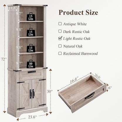 RedLemon Bookshelf with Storage Cabinet, 72" Tall Farmhouse Bookcase with Adjustable Shelves and Barn Door, 4 Tier Office Wood Bookshelf with Drawer for Office Library Living Room (Light Rustic Oak)