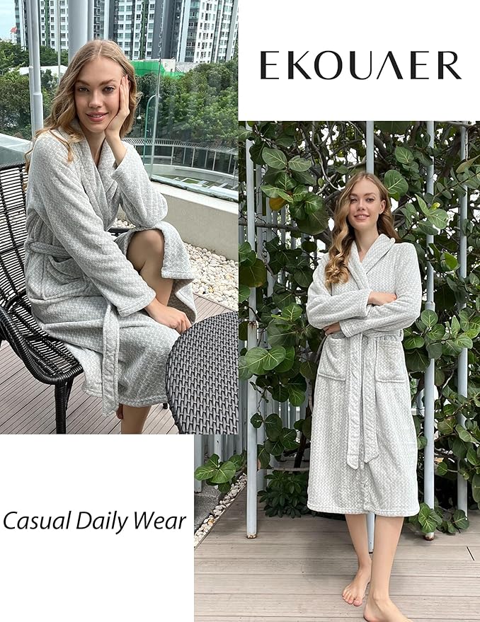 Ekouaer Women's Robe Plush Soft Long Bathrobe Cozy Warm Shawl Collar Spa Robe with Pockets