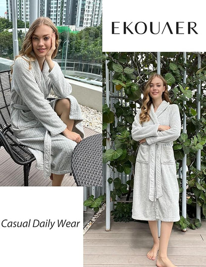 Ekouaer Women's Robe Plush Soft Long Bathrobe Cozy Warm Shawl Collar Spa Robe with Pockets