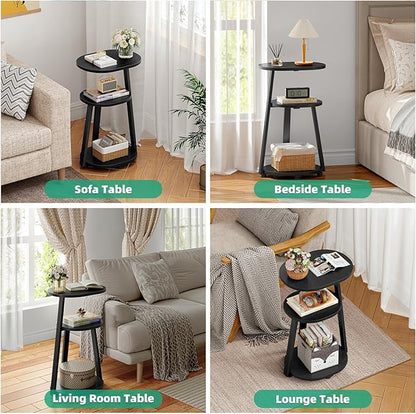 Side Table, Small End Table with Metal Frame, 3-Tier Bedside Tables, Round Side Tables for Living Room Bedroom Couch Bathroom, Oval, Pure Black