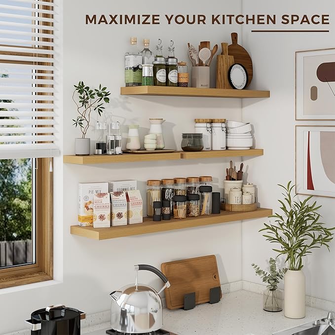 48 inch Floating Shelves for Wall Large Wall Mounted Shelves with Invisible Brackets, Oak Long Shelves for Bathroom, Living Room, Kitchen, Office, 48x9.1 inch deep Set of 2