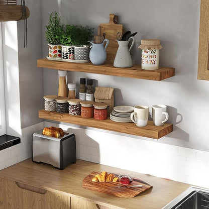 36 Inch Floating Shelves for Wall, Rustic Elm Wood Shelf for Home Decor, Heavy-Duty Wooden Floating Shelves for Kitchen, Wall Mounted Storage Shelves for Bathtoom, Living Room, Natural Color, Set of 2