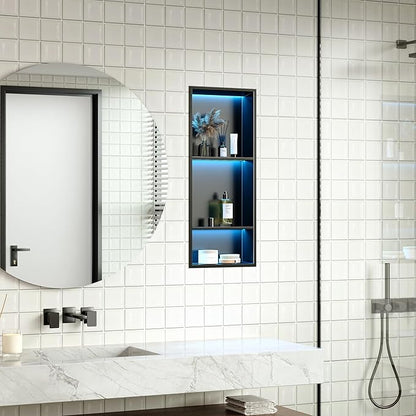 Stainless Steel Shower Niche 12" X 30", No Tile Needed Wall Niche with RGB Led Light, Recessed Shower Shelf for Bathroom Storage Over Mount Installation, Matte Black