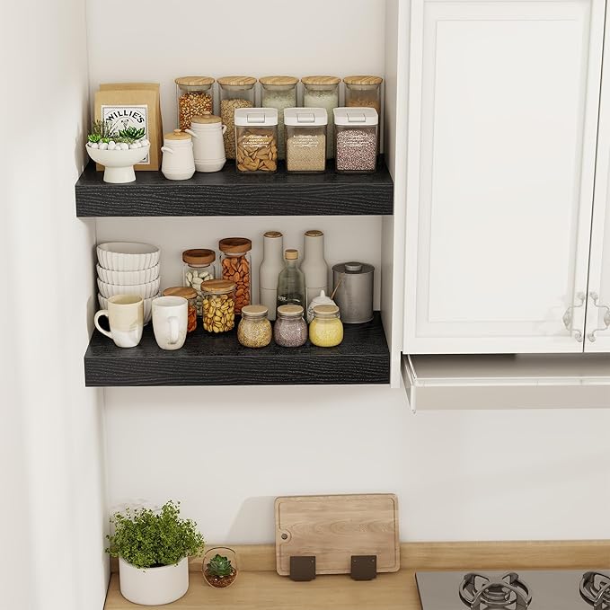 24 Inch Floating Shelves, 12" Deep Floating Shelf Wall Mounted, 24" Wall Shelves, Rustic Deep Bookshelf, Extra Deeper & Thicker Display Shelves for Bedroom, Living Room, Black, Set of 2