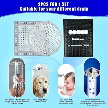 Shower Drain Hair Catcher,2Pcs,4.72'',Flat Drain Hair Catcher,Shower Drain Cover/Filter, Bathroom/Kitchen Sink Drain Strainer,Stainless Steel and TPE