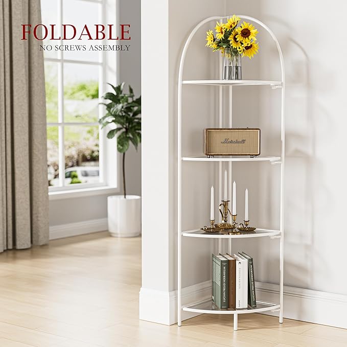 Crofy Foldable 4 Tier Corner Shelf, Metal Corner Plant Stand with White Frame and Transparent Shelves, Corner Display Rack Multipurpose Shelving Unit for Living Room, Bedroom, Bathroom