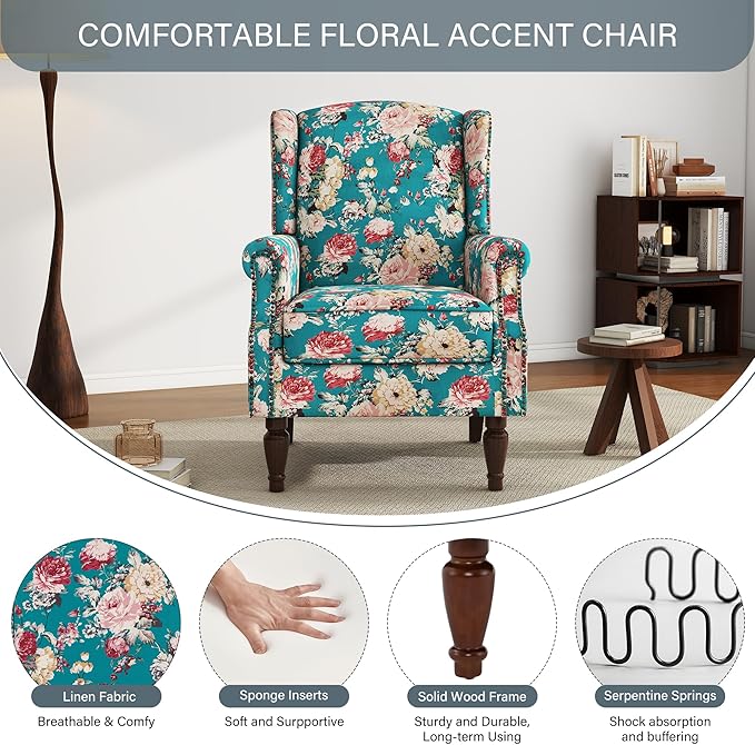 UIXE High Back Floral Accent Chairs Set of 2, Upholstered Armchair in Fabric, Retro Printed Wingback Arm Chair for Living Room, Nailhead Trim Single Sofa Bedroom Reading Seat - Peacock Blue