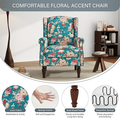 UIXE High Back Floral Accent Chair, Upholstered Armchair in Fabric, Retro Printed Wingback Arm Chair for Living Room, Nailhead Trim Single Sofa Bedroom Reading Seat - Peacock Blue