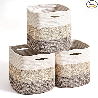 11 Inch Cube Storage Bins, Storage Cube Organizer Bins, Woven Cotton Rope Baskets for Storage, Storage Basket for Organizing Shelves, Square Baskets for Toys, Gradient Brown (Pack of 3)