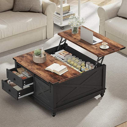 31.5" Lift Top Coffee Table with Storage, Farmhouse Coffee Tables for Living Room, Square Coffee Table with Large Hidden Storage Compartment, 2 Drawers & Removable Shelves, Black