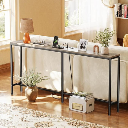 SUPERJARE 70 Inch Console Table with Outlet, Narrow Entryway Table for Living Room, Oak