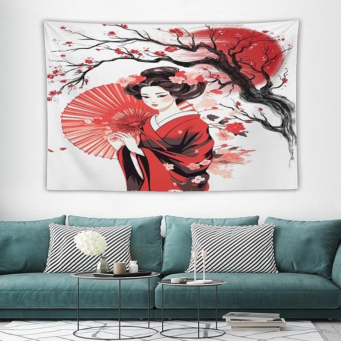 Japanese Red Geisha Tapestry Asian Cherry Blossom Traditional Kimono Folk Tapestries Home Decor for Living Room Bedroom Apartment Farmhouse Dorm 90"x60"