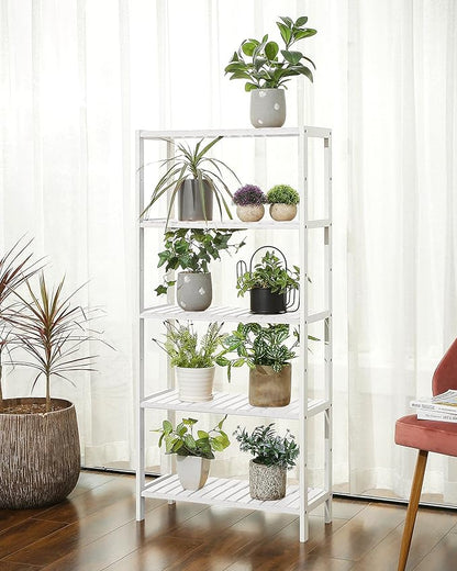 SONGMICS Bamboo Storage Shelf, 5-Tier Shelving Unit, Multifunctional, in The Entryway, Bathroom, Living Room, Balcony, Kitchen, 10.2 x 23.6 x 51.2 Inches, Cloud White UBCB35WT