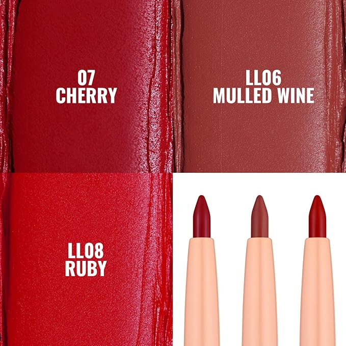 Oulac Waterproof Eyeliner Pencil Set - Smooth and Creamy, Retractable Eye Makeup for Precision Application, Vegan & Cruelty-Free, 07 Cherry+LL06 Mulled Wine+LL08 Ruby