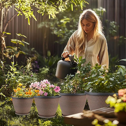 16 inch Plant Pots, Large Planters for Outdoor Plants Set of 4, Round Plastic Flower Pots with Drainage Holes & Trays, Modern Decorative Indoor Garden Pot, Plant Container for House (Black Copper)