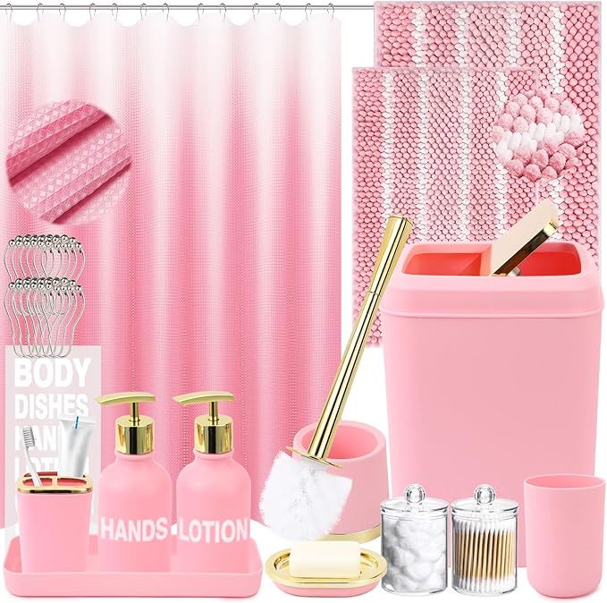 25PCS Pink Bathroom Accessories Sets Complete, with Shower Curtain, Rugs, Trash Can and Toilet Brush, Toothbrush Holder and Cup, Soap Dispenser, Soap Dish, Qtip Holder, Bathroom Decor Sets