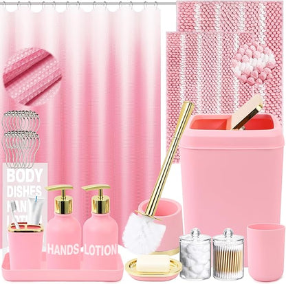 25PCS Pink Bathroom Accessories Sets Complete, with Shower Curtain, Rugs, Trash Can and Toilet Brush, Toothbrush Holder and Cup, Soap Dispenser, Soap Dish, Qtip Holder, Bathroom Decor Sets