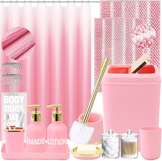 25PCS Pink Bathroom Accessories Sets Complete, with Shower Curtain, Rugs, Trash Can and Toilet Brush, Toothbrush Holder and Cup, Soap Dispenser, Soap Dish, Qtip Holder, Bathroom Decor Sets