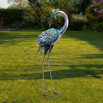 37 Inch Blue Heron Crane Statue, Metal Yard Art Outdoor Decoy, Garden Sculpture for Lawn/Pond Decoration, 1Pc, ORTBL-CR24053A-18