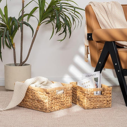 StorageWorks Wicker Storage Baskets, Large and Small Baskets, Handwoven Water Hyacinth Basket for Organizing, Decorative Organizers with Built-in Handles, Set of 2